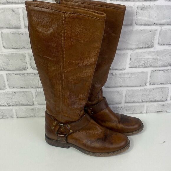 Frye Phillip Harness Tall Wide Calf Riding Boots Cognac Leather Zip Back 6M - Picture 4 of 13